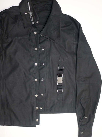 ASYMMETRICAL SNAP DETAIL PUFF SLEEVE BUTTON UP SHIRT