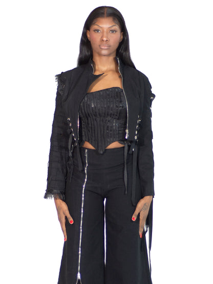 ASYMMETRICAL WOVEN SLEEVE GROMMET RUFFLE JACKET