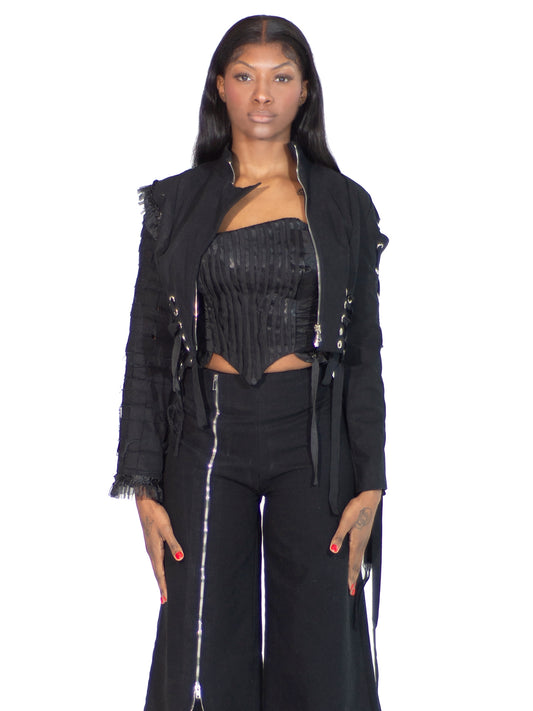 ASYMMETRICAL WOVEN SLEEVE GROMMET RUFFLE JACKET