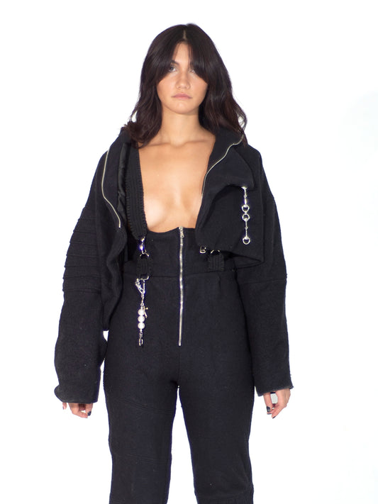 ASYMMETRICAL CHAIN DETAIL FLEECE JACKET