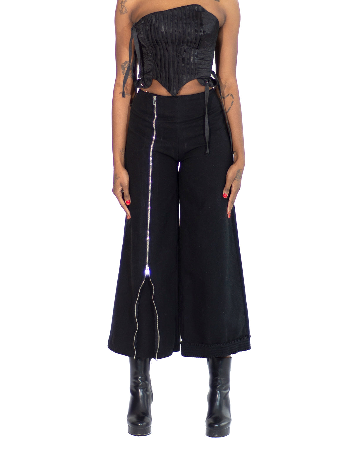 ZIP FLARE RUFFLE TRIM WIG LEG PANTS