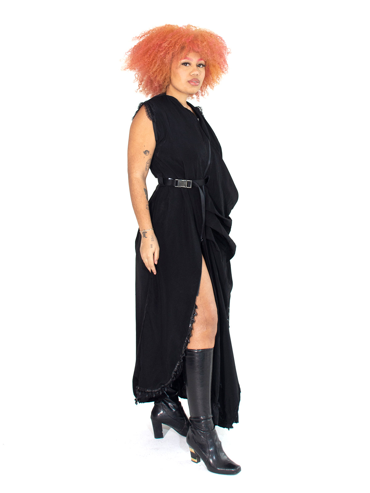 ZIP DOWN RUFFLE TRIM BELTED HIGH SLIT MAXI DESS