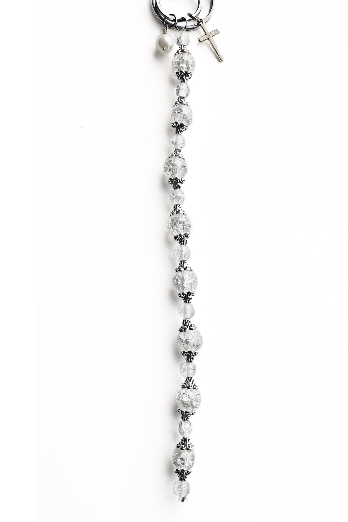 DOUBLE KEYRING CROSS : PEARL CRYSTAL KEYCHAIN