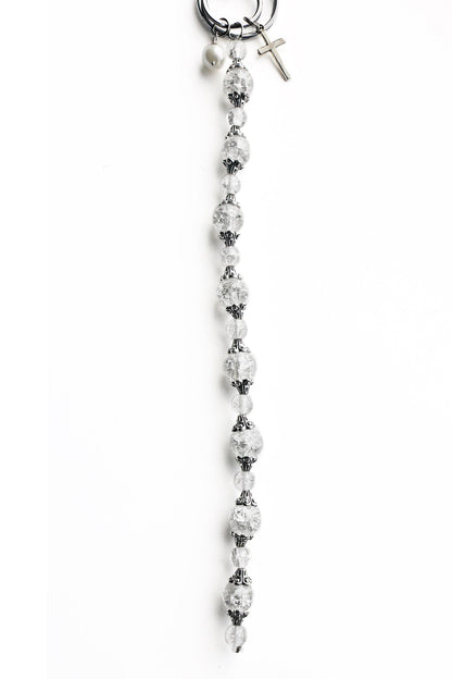 DOUBLE KEYRING CROSS : PEARL CRYSTAL KEYCHAIN