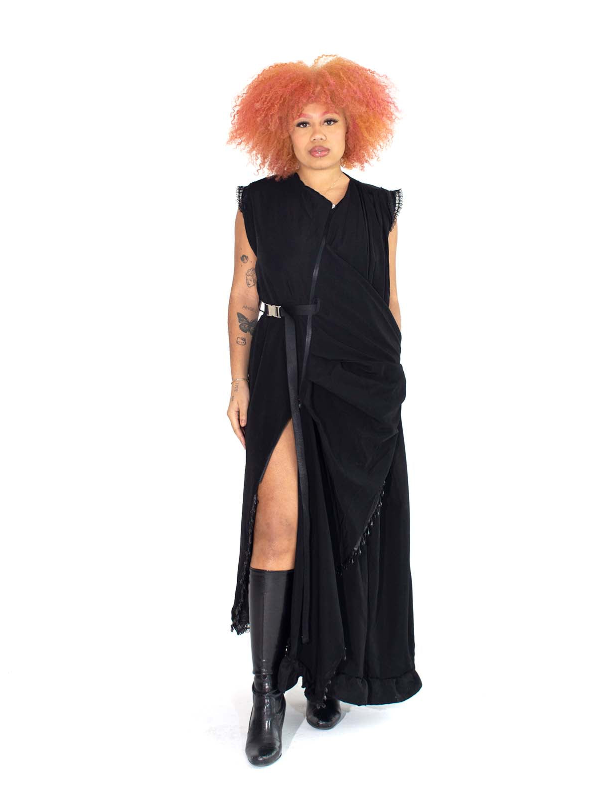 ZIP DOWN RUFFLE TRIM BELTED HIGH SLIT MAXI DESS