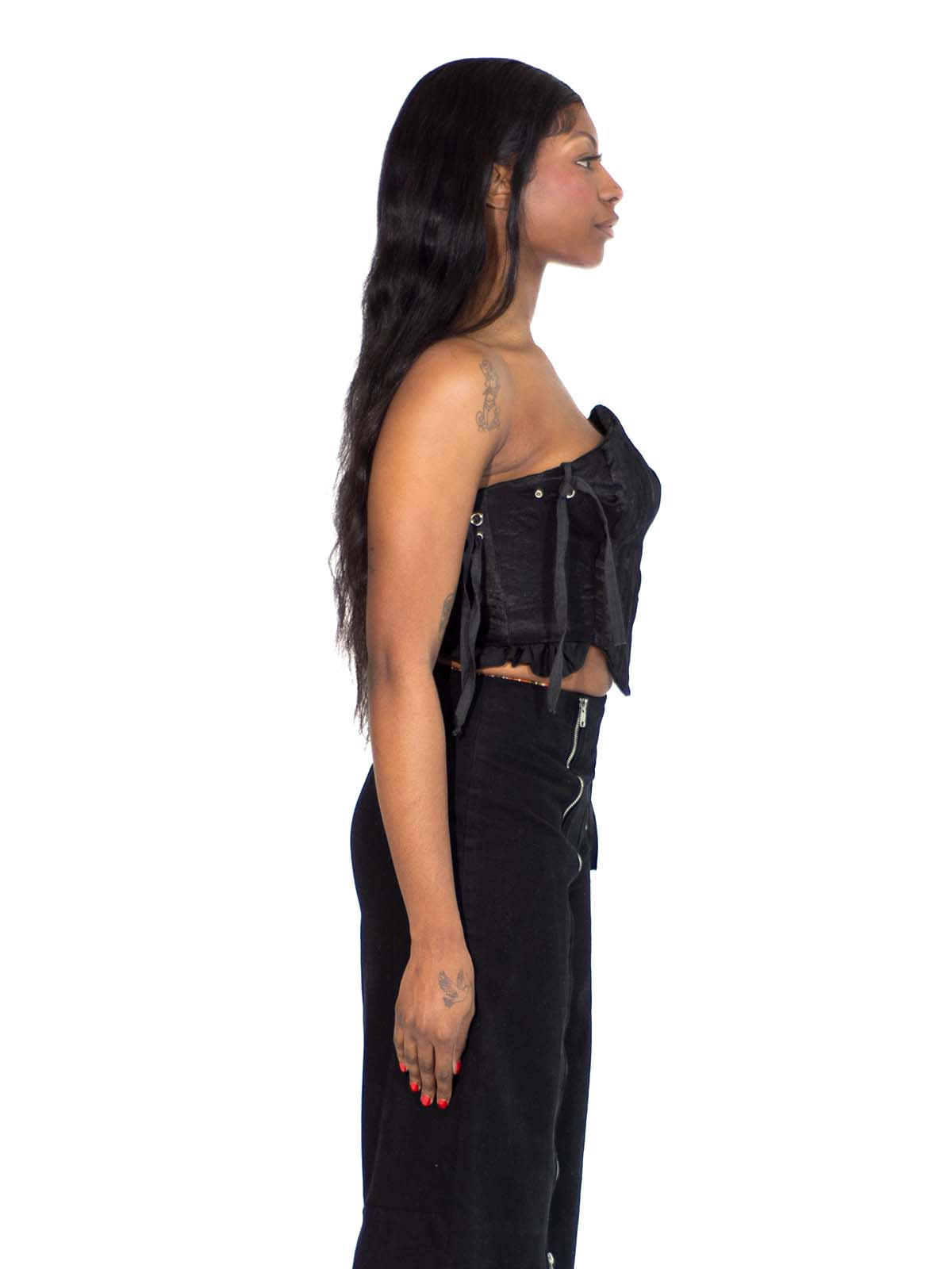 ASYMETRICAL RUFFLE TRIM GROMMET CORSET