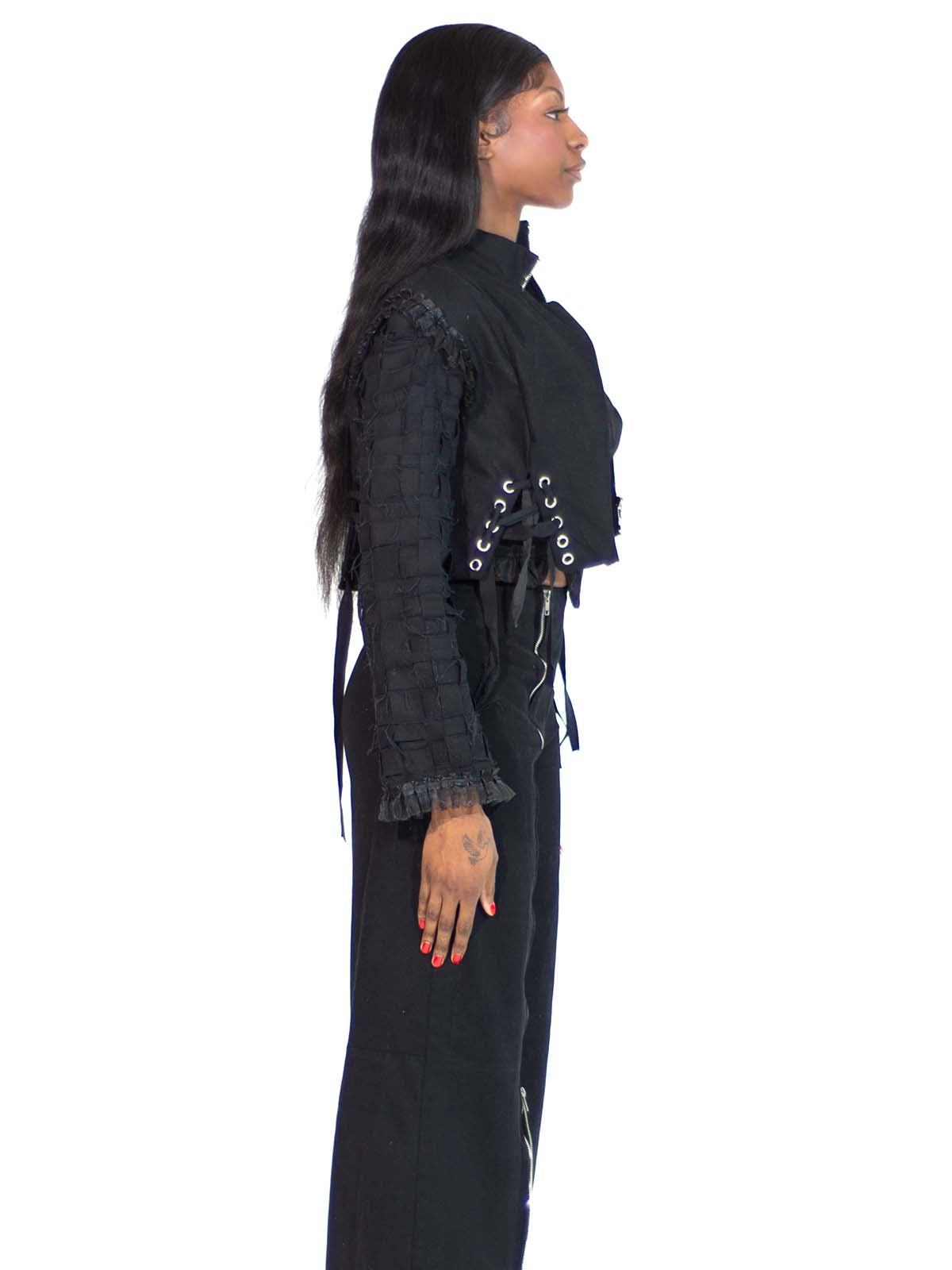 ASYMMETRICAL WOVEN SLEEVE GROMMET RUFFLE JACKET