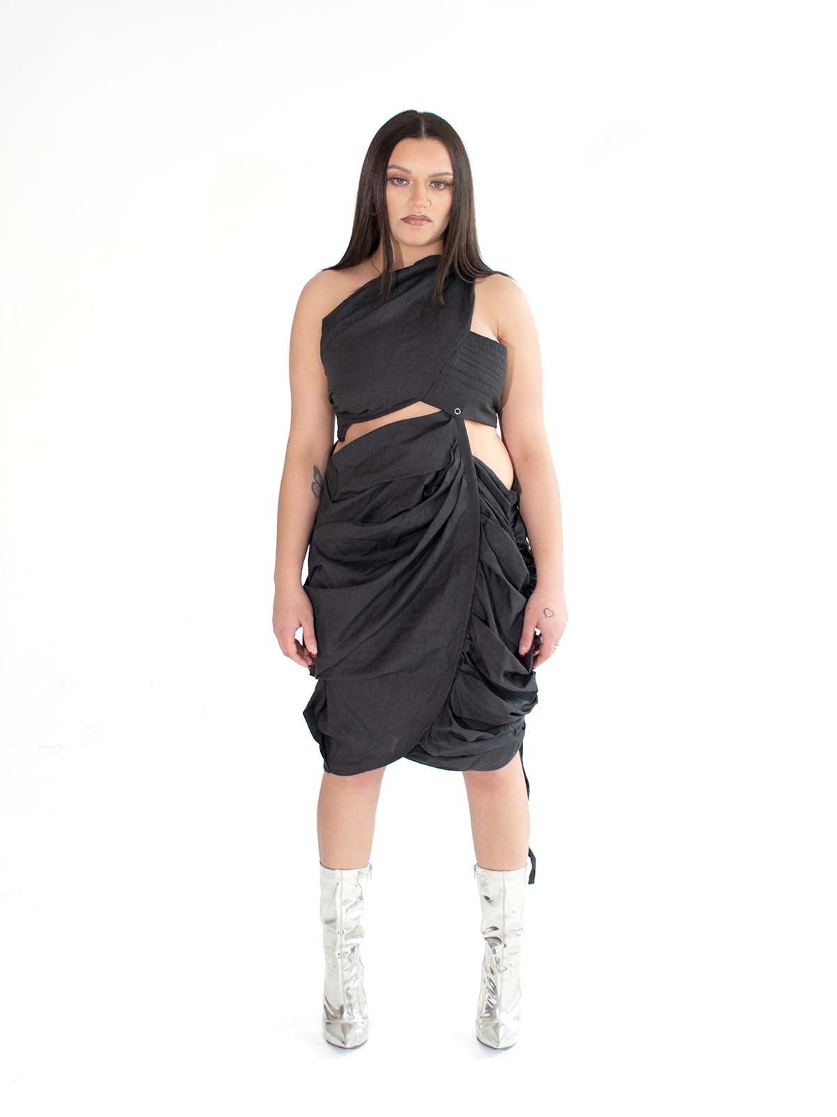 ASYMMETRICAL SNAP RUCCED MINI DRESS