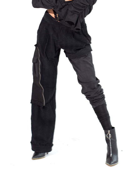 ASYMMETRICAL SLIM/WIDE STACKED RUFFLE PANTS