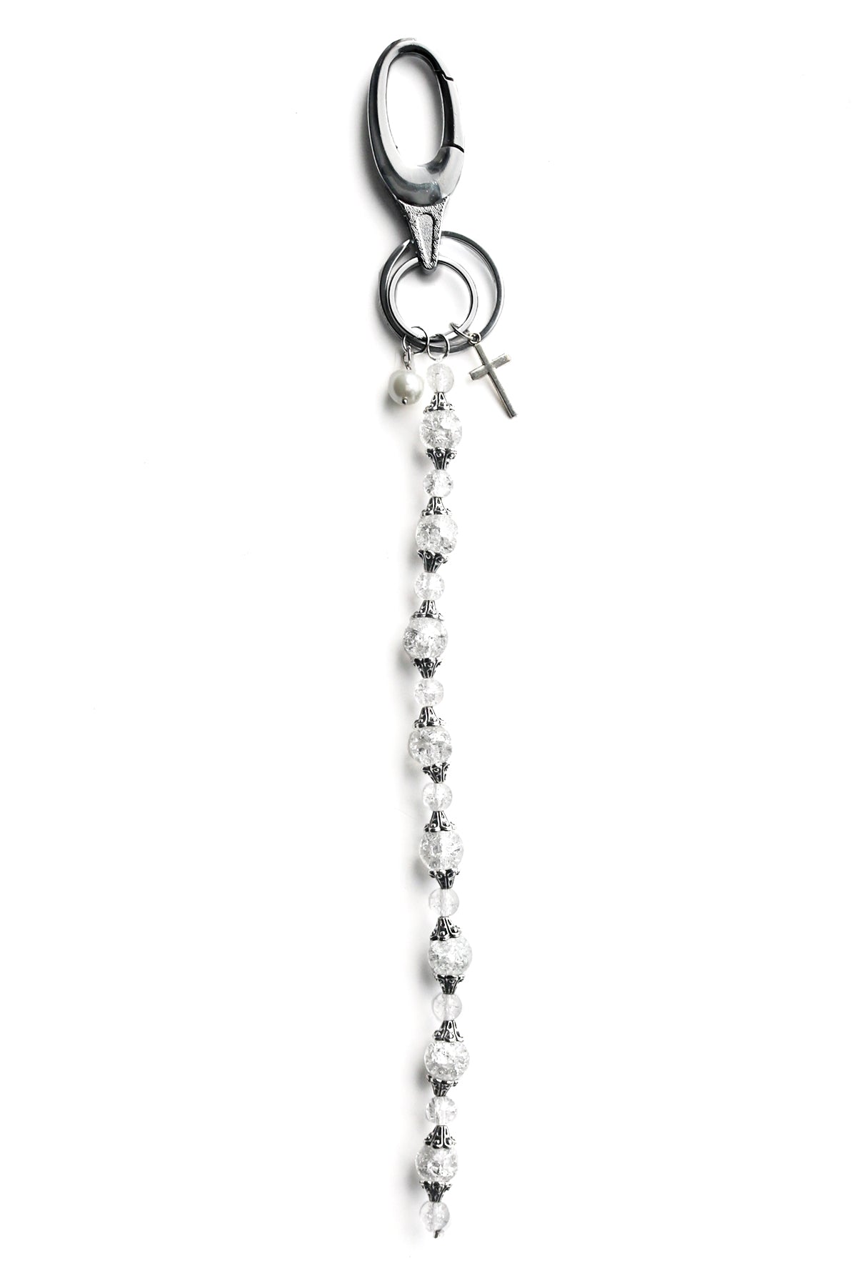 DOUBLE KEYRING CROSS : PEARL CRYSTAL KEYCHAIN