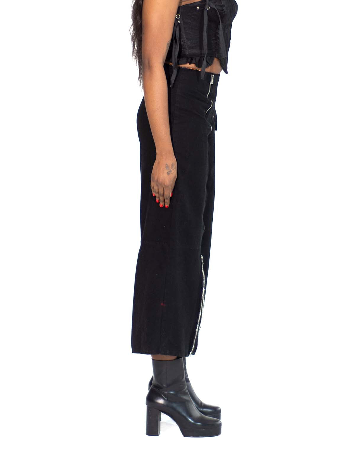 ZIP FLARE RUFFLE TRIM WIG LEG PANTS