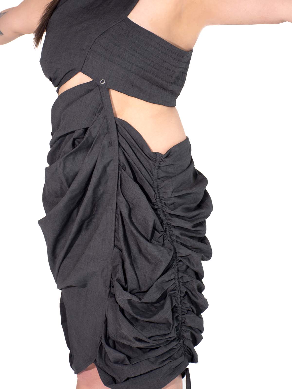 ASYMMETRICAL SNAP RUCCED MINI DRESS