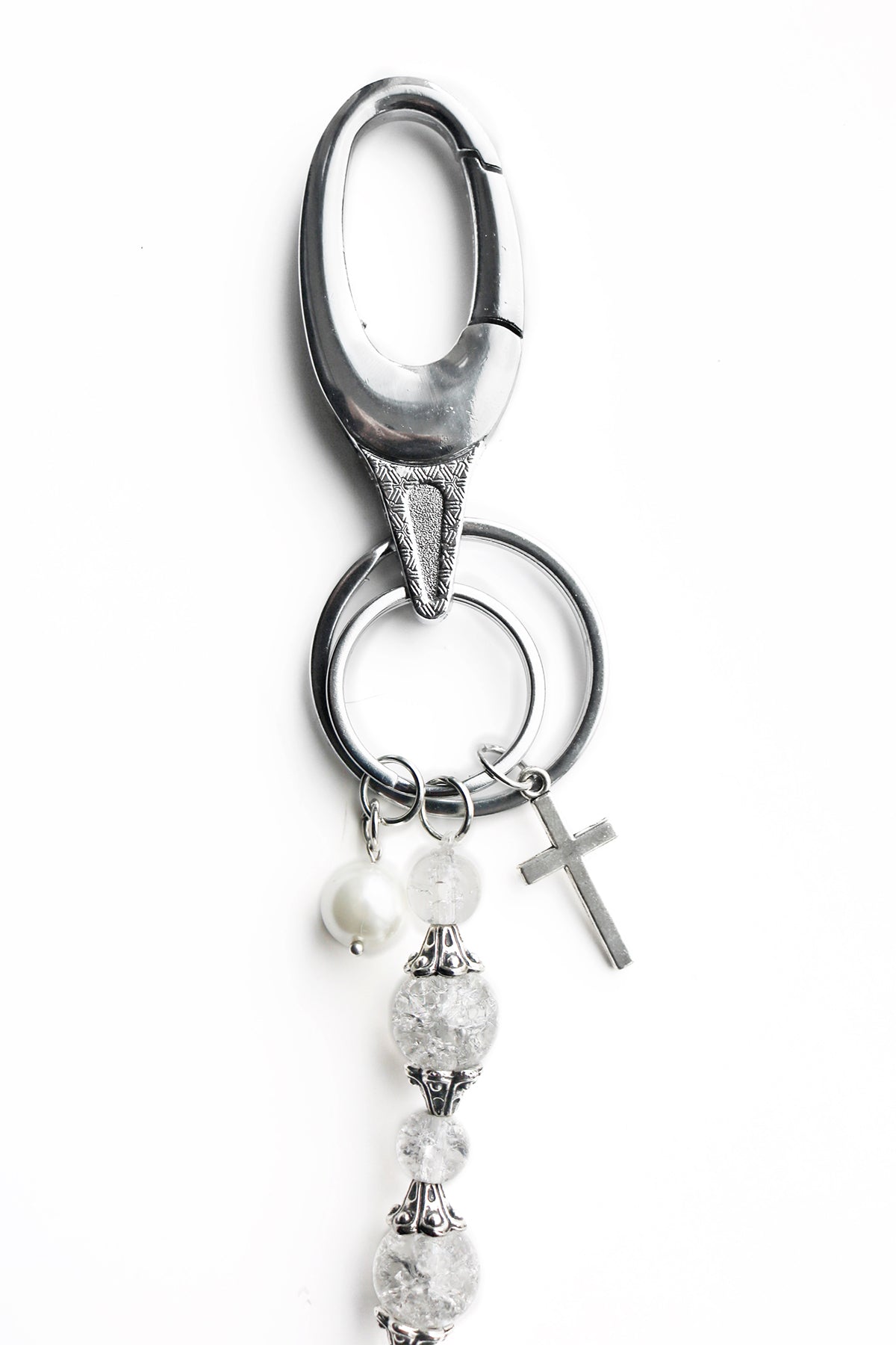 DOUBLE KEYRING CROSS : PEARL CRYSTAL KEYCHAIN