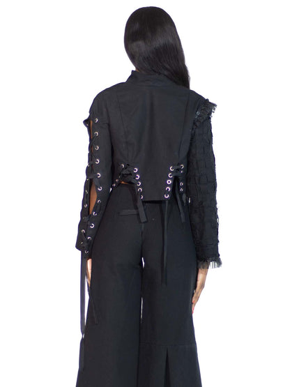 ASYMMETRICAL WOVEN SLEEVE GROMMET RUFFLE JACKET