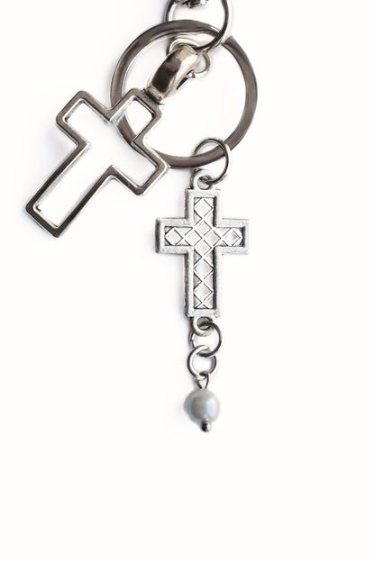DOUBLE CROSS PEARL KEYCHAIN