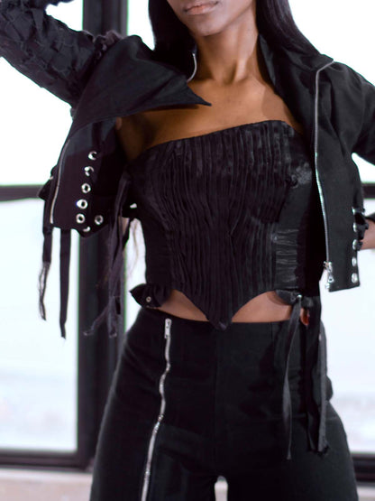 ASYMETRICAL RUFFLE TRIM GROMMET CORSET