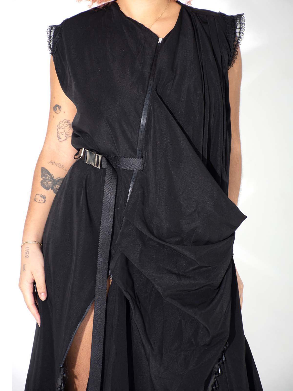 ZIP DOWN RUFFLE TRIM BELTED HIGH SLIT MAXI DESS