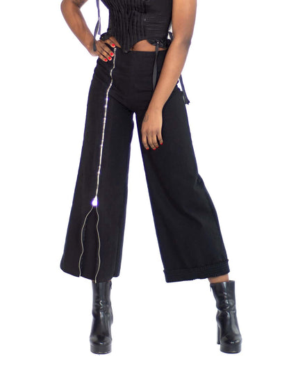 ZIP FLARE RUFFLE TRIM WIG LEG PANTS