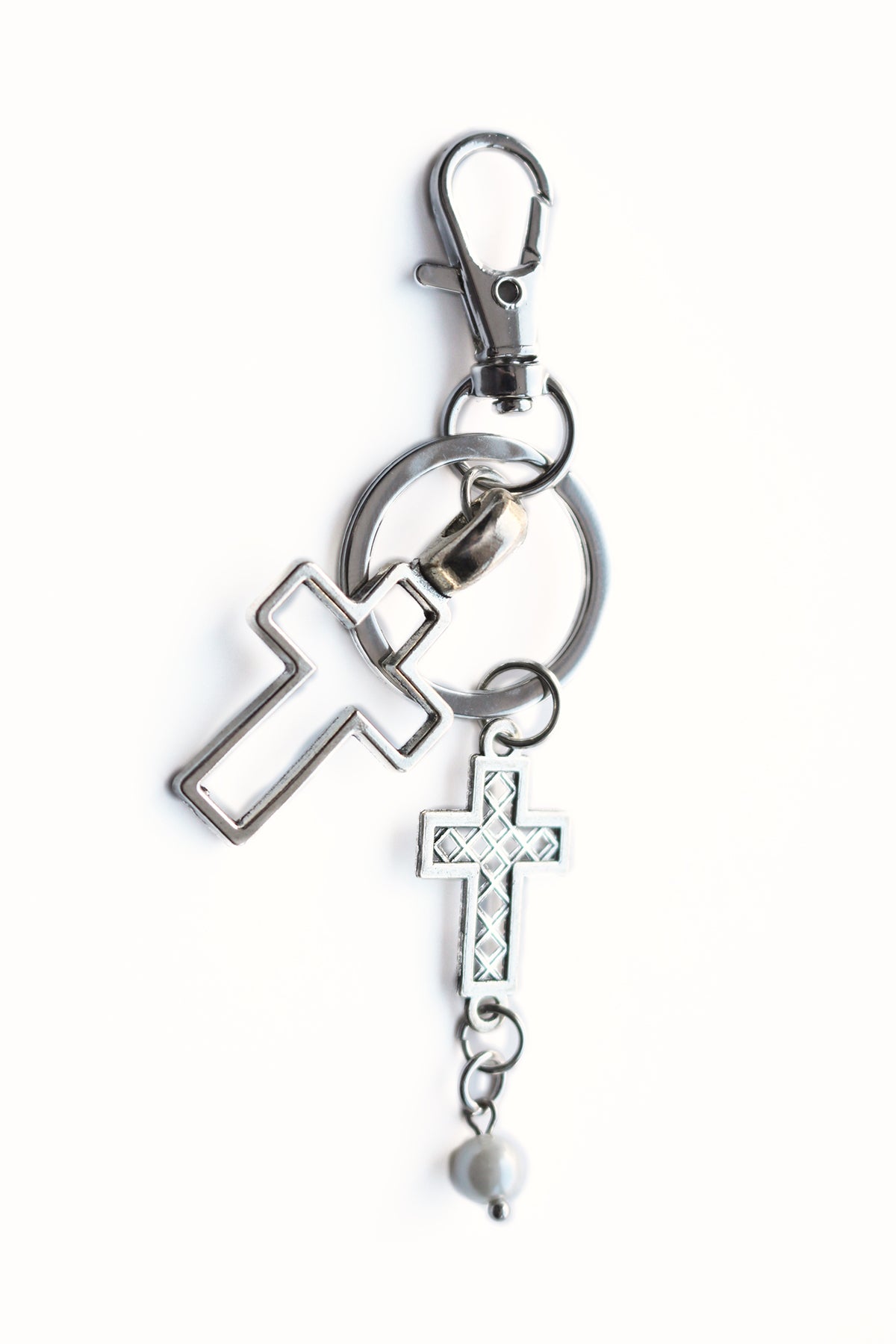 DOUBLE CROSS PEARL KEYCHAIN