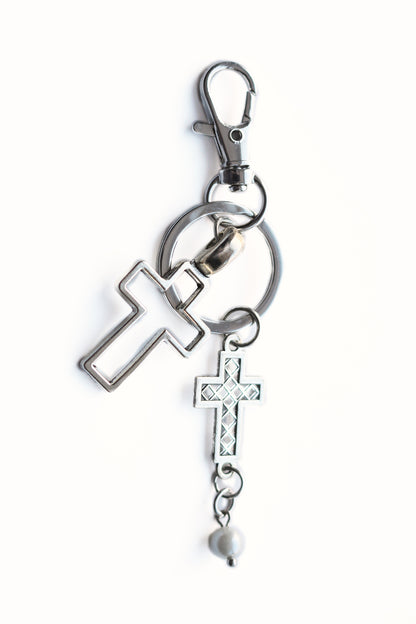 DOUBLE CROSS PEARL KEYCHAIN