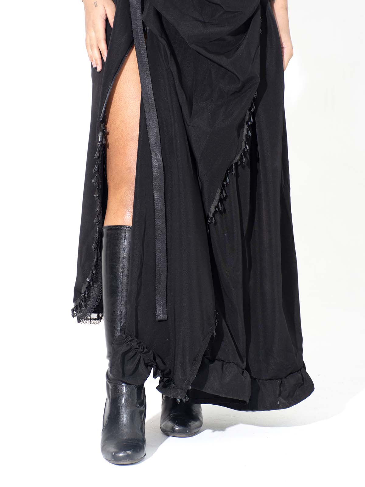 ZIP DOWN RUFFLE TRIM BELTED HIGH SLIT MAXI DESS