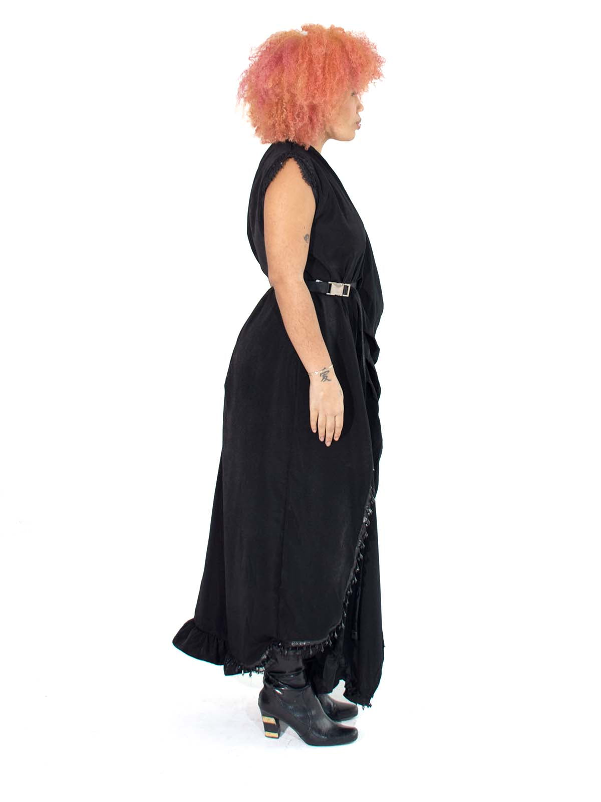 ZIP DOWN RUFFLE TRIM BELTED HIGH SLIT MAXI DESS