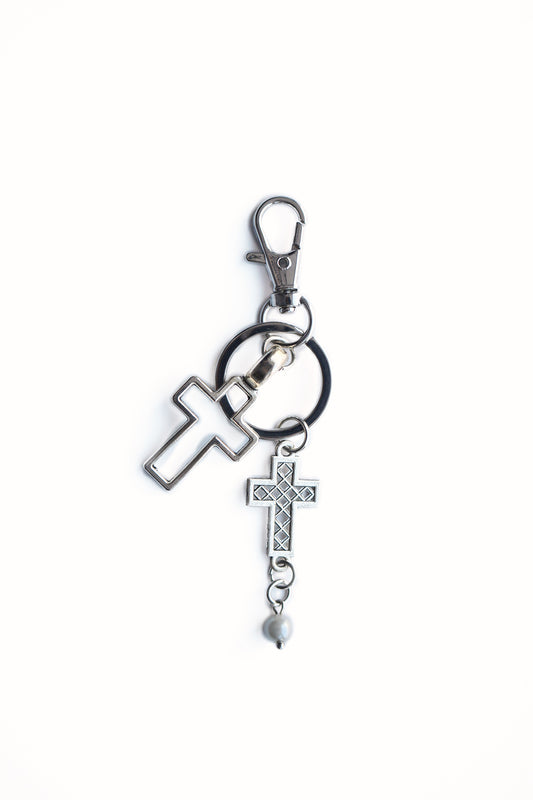 DOUBLE CROSS PEARL KEYCHAIN