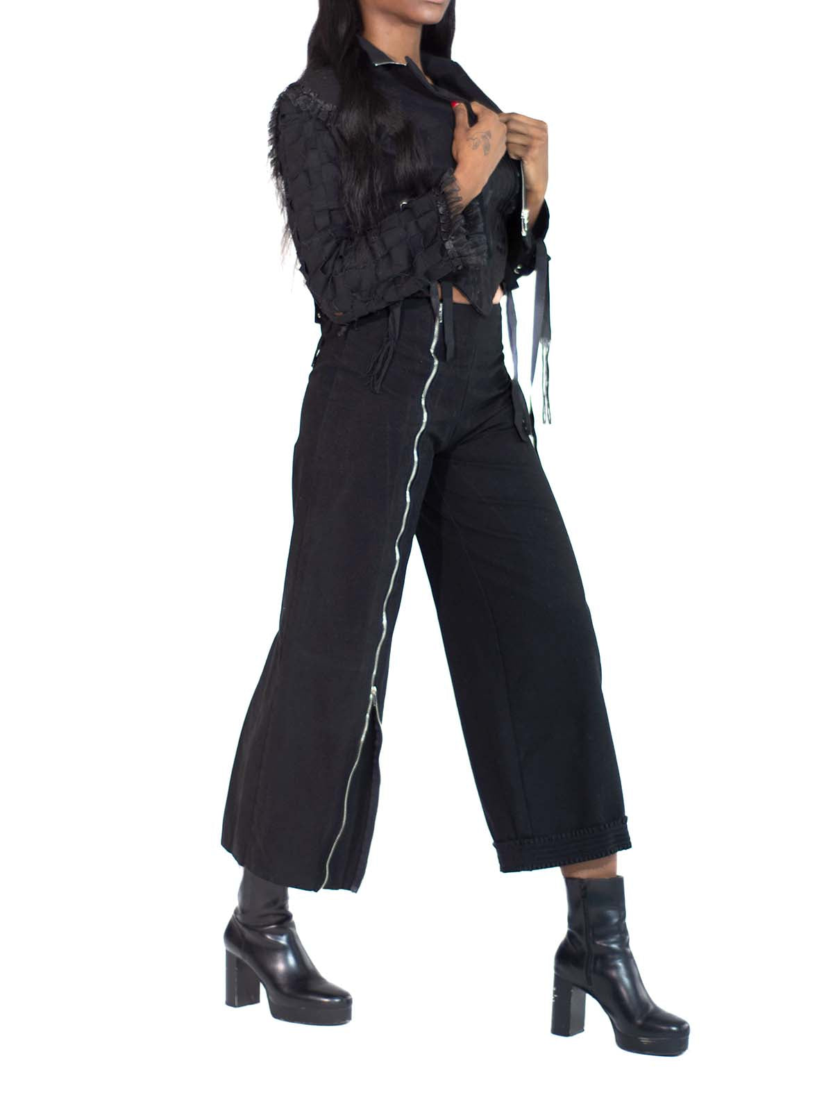 ZIP FLARE RUFFLE TRIM WIG LEG PANTS
