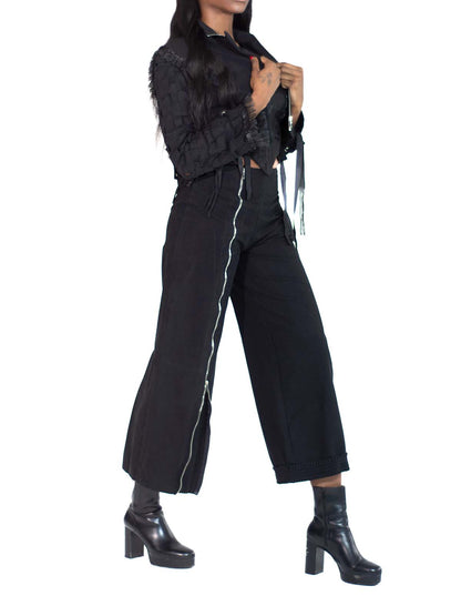 ZIP FLARE RUFFLE TRIM WIG LEG PANTS