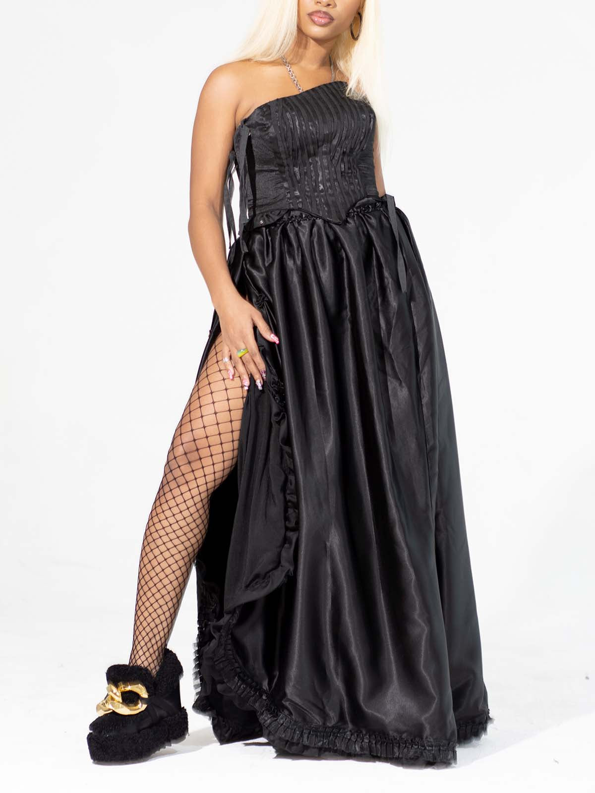 RUFFLE TRIM HIGH SLIT BALLROOM SKIRT