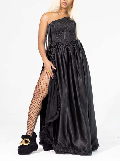 RUFFLE TRIM HIGH SLIT BALLROOM SKIRT
