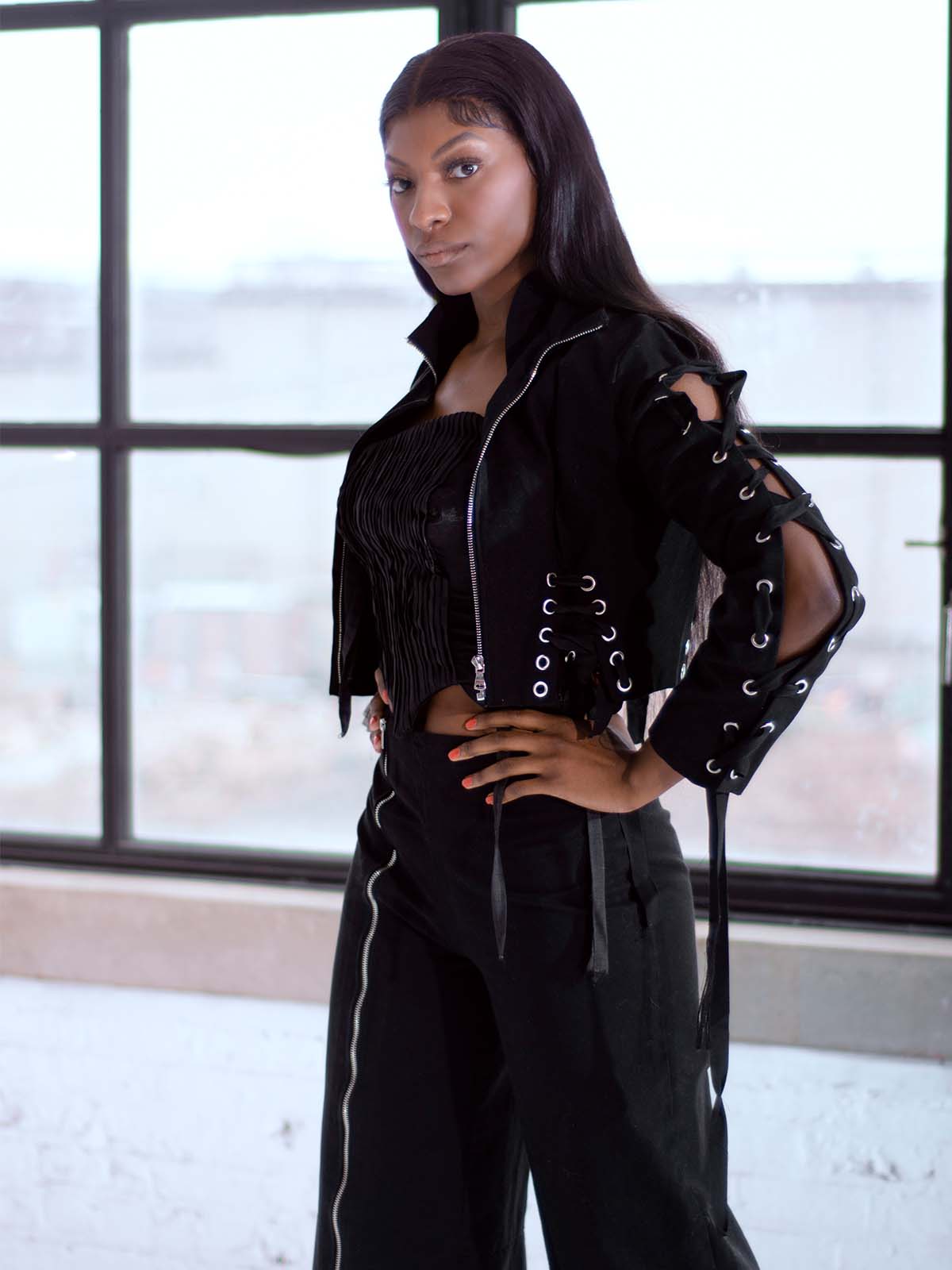 ASYMMETRICAL WOVEN SLEEVE GROMMET RUFFLE JACKET