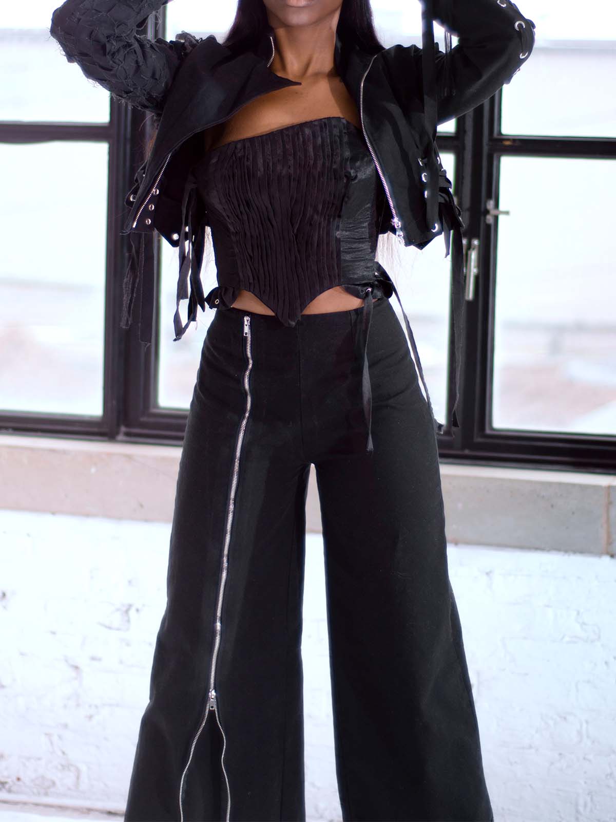 ZIP FLARE RUFFLE TRIM WIG LEG PANTS