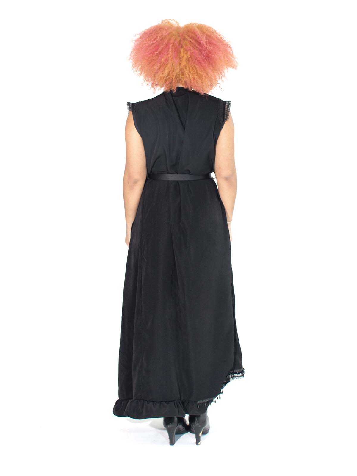 ZIP DOWN RUFFLE TRIM BELTED HIGH SLIT MAXI DESS