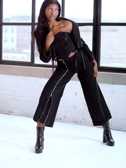 ZIP FLARE RUFFLE TRIM WIG LEG PANTS
