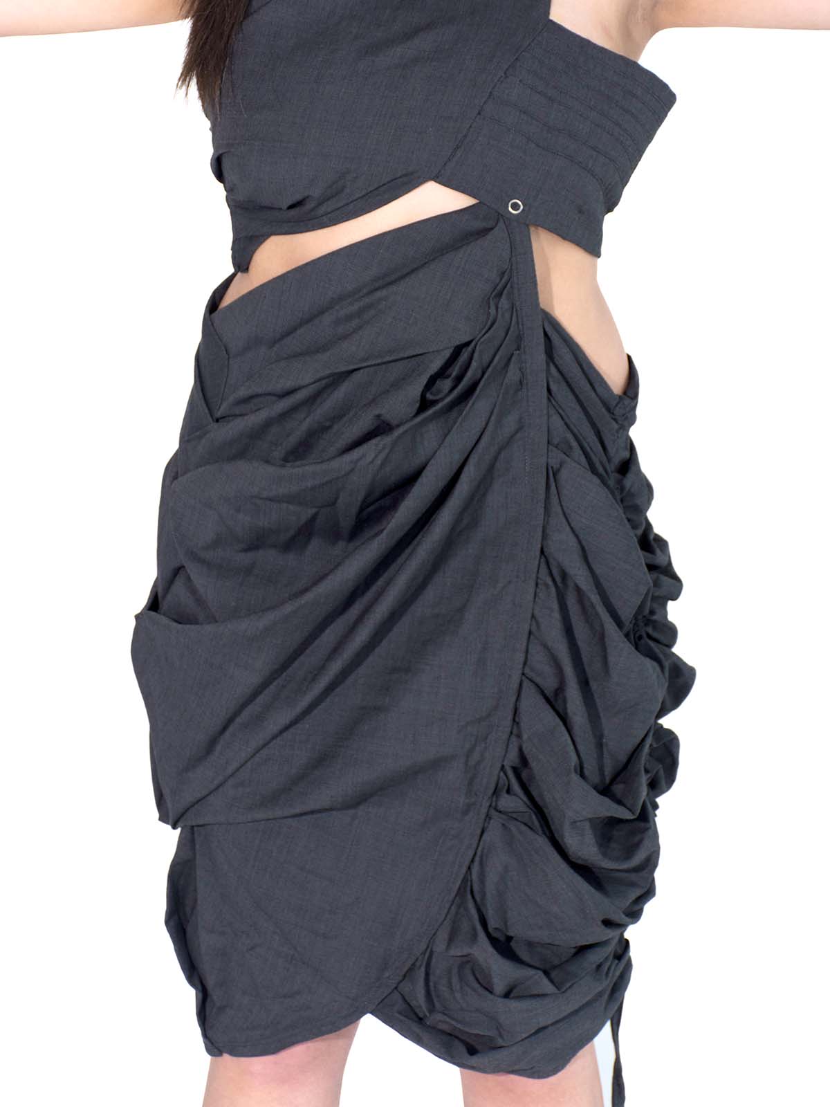 ASYMMETRICAL SNAP RUCCED MINI DRESS