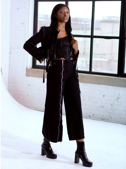 ZIP FLARE RUFFLE TRIM WIG LEG PANTS
