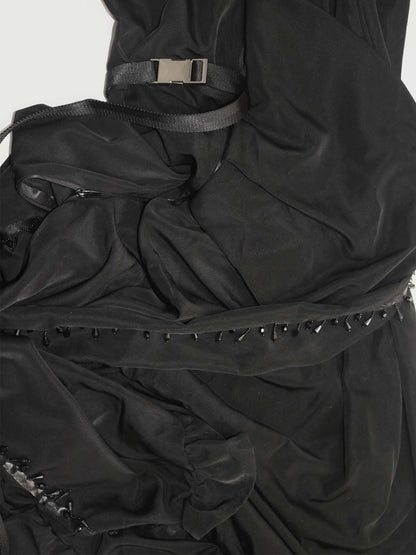 ZIP DOWN RUFFLE TRIM BELTED HIGH SLIT MAXI DESS