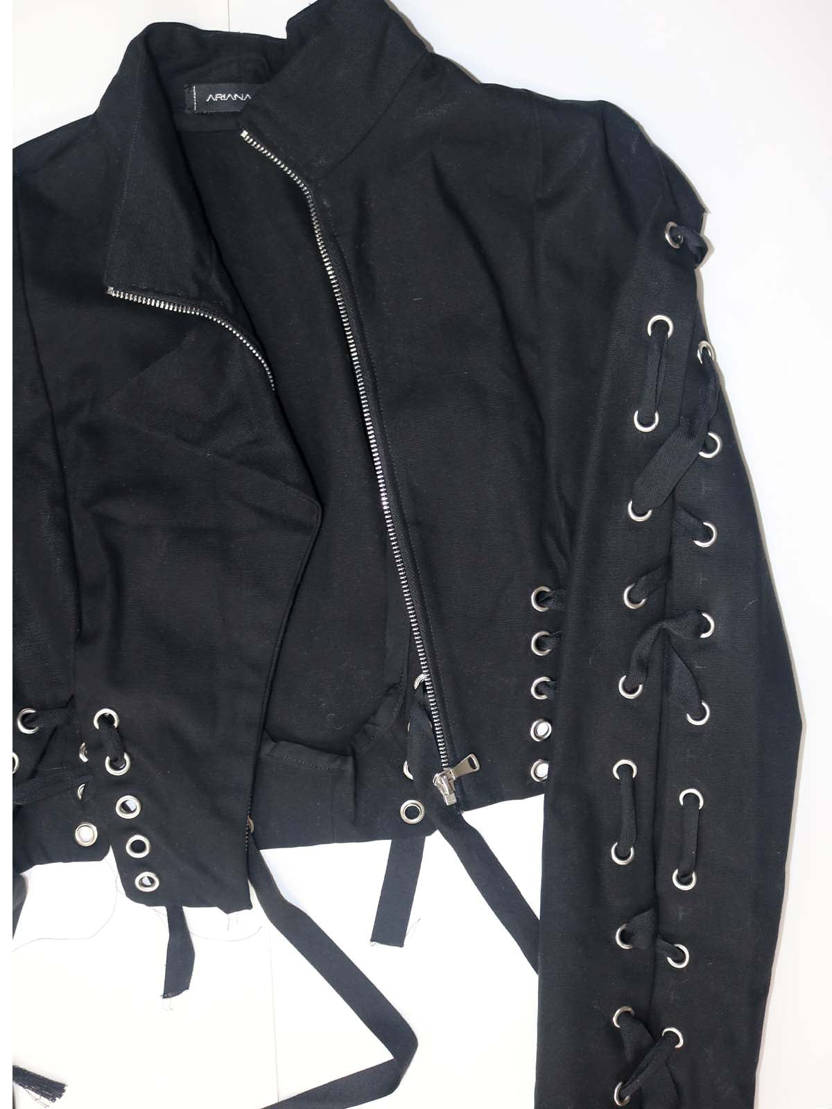 ASYMMETRICAL WOVEN SLEEVE GROMMET RUFFLE JACKET