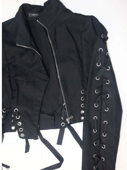 ASYMMETRICAL WOVEN SLEEVE GROMMET RUFFLE JACKET